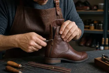 Técnico reparando zíper de bota em ambiente de sapateiro, focando na qualidade do trabalho.