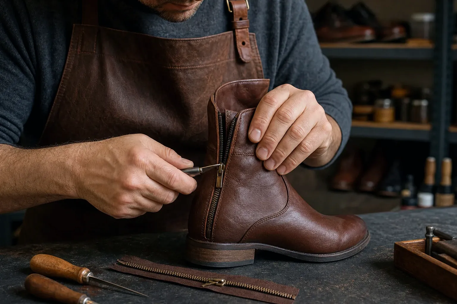 Técnico reparando zíper de bota em ambiente de sapateiro, focando na qualidade do trabalho.